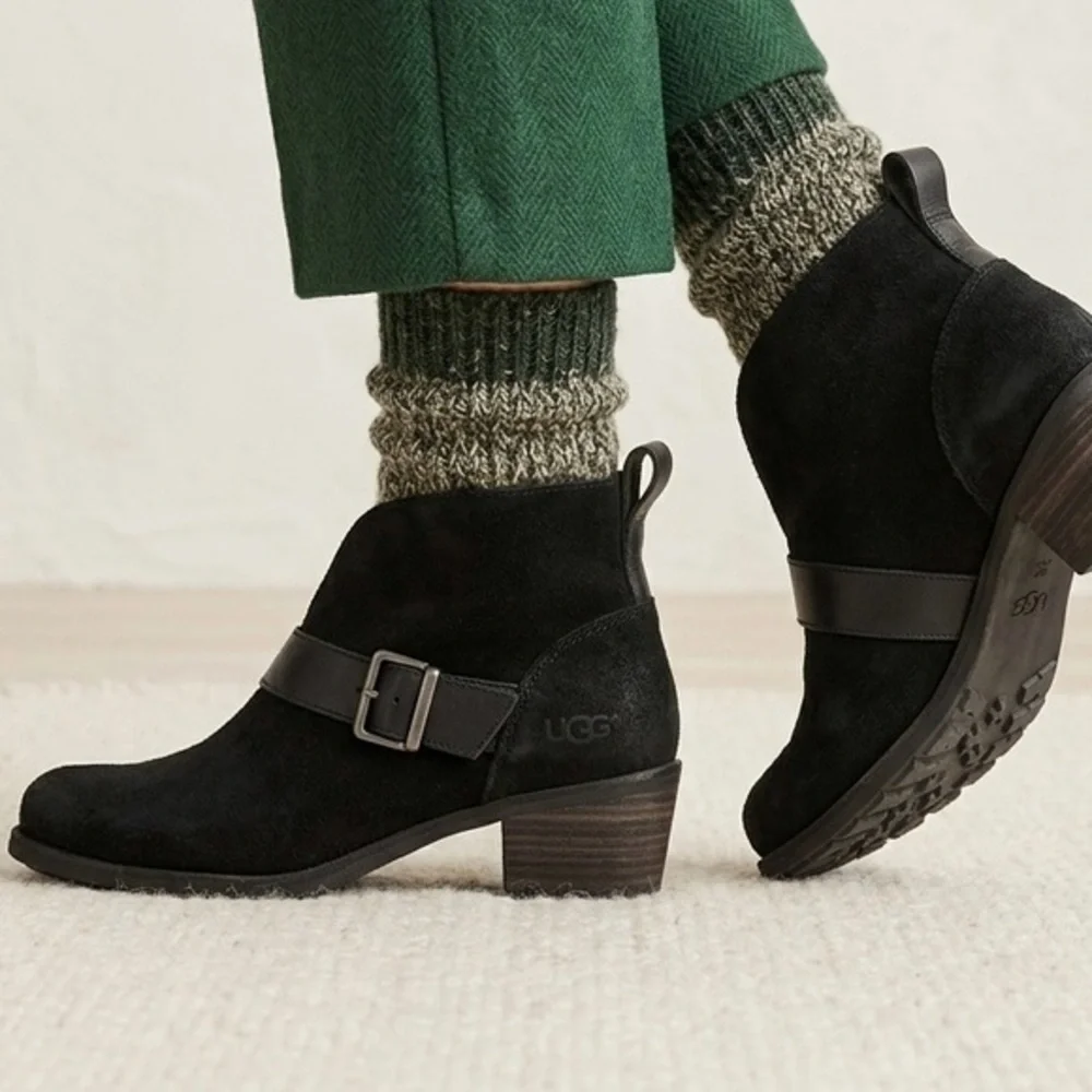 UGG Wright Belted Black Suede Ankle Booties 1014184